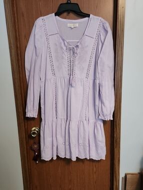 Ann Taylor Lilac Eyelet Peasant Dress with Tassel Tie